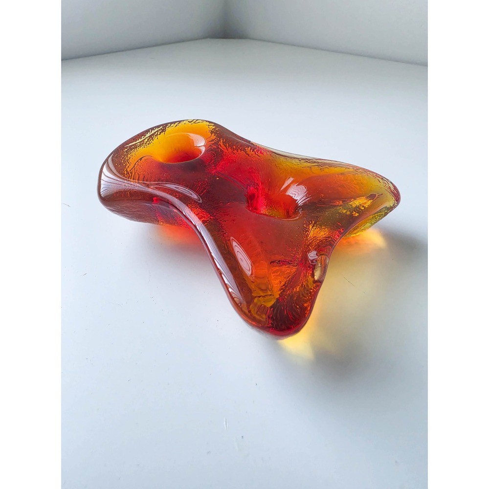 Vintage MCM Blenko Amoeba Amber Red Glass Biomorphic 2 Hole Candle Holder - Picture 2 of 9